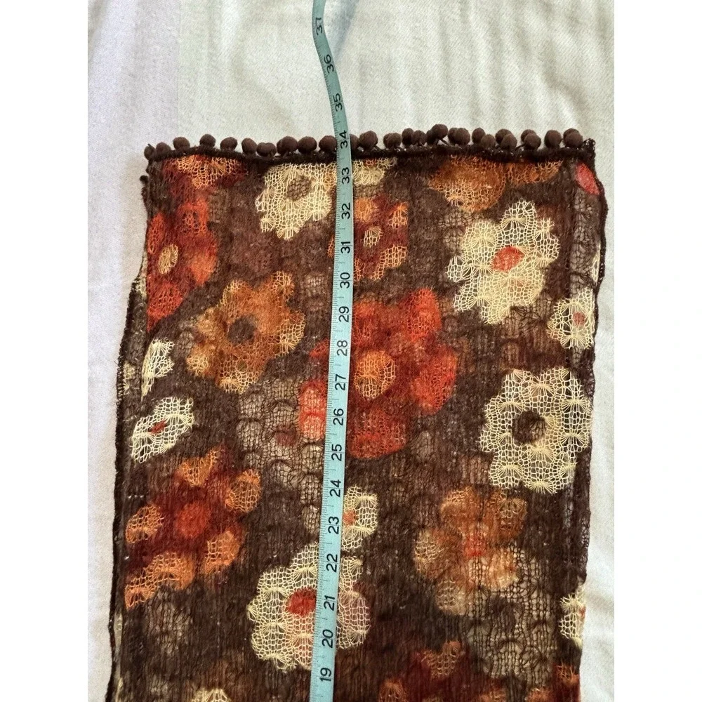 Boho Flowers Brown/Orange‎ Open Knit Lightweight Scarf Pom Poms